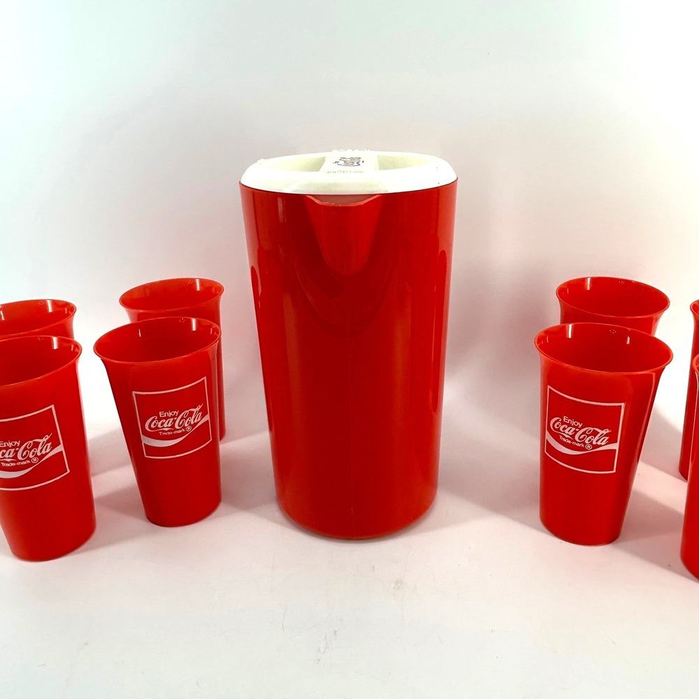 Vintage Coca-Cola Red Plastic Pitcher & 8 Cup Tumbler Set Coke Soda Collectible - Picture 4 of 7